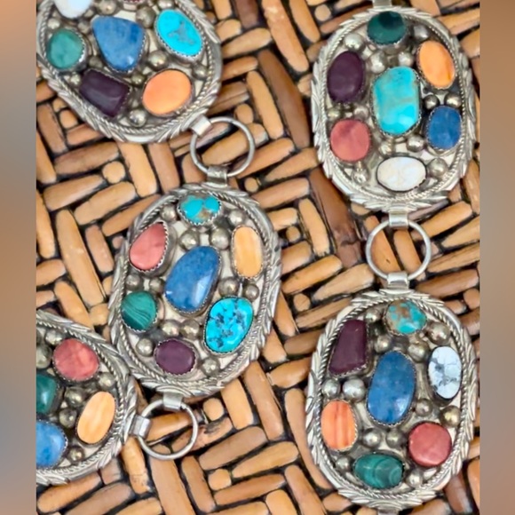 Signed Navajo multi stone Sterling Silver Concho belt - Picture 5 of 16